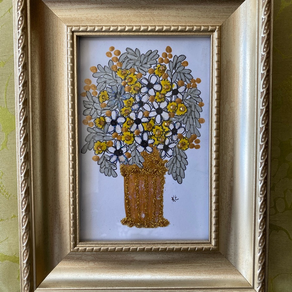 Floral Mixed Media Art. Gold Frame. ORIGINAL 6.5x8.5 inch - Picture 4 of 5